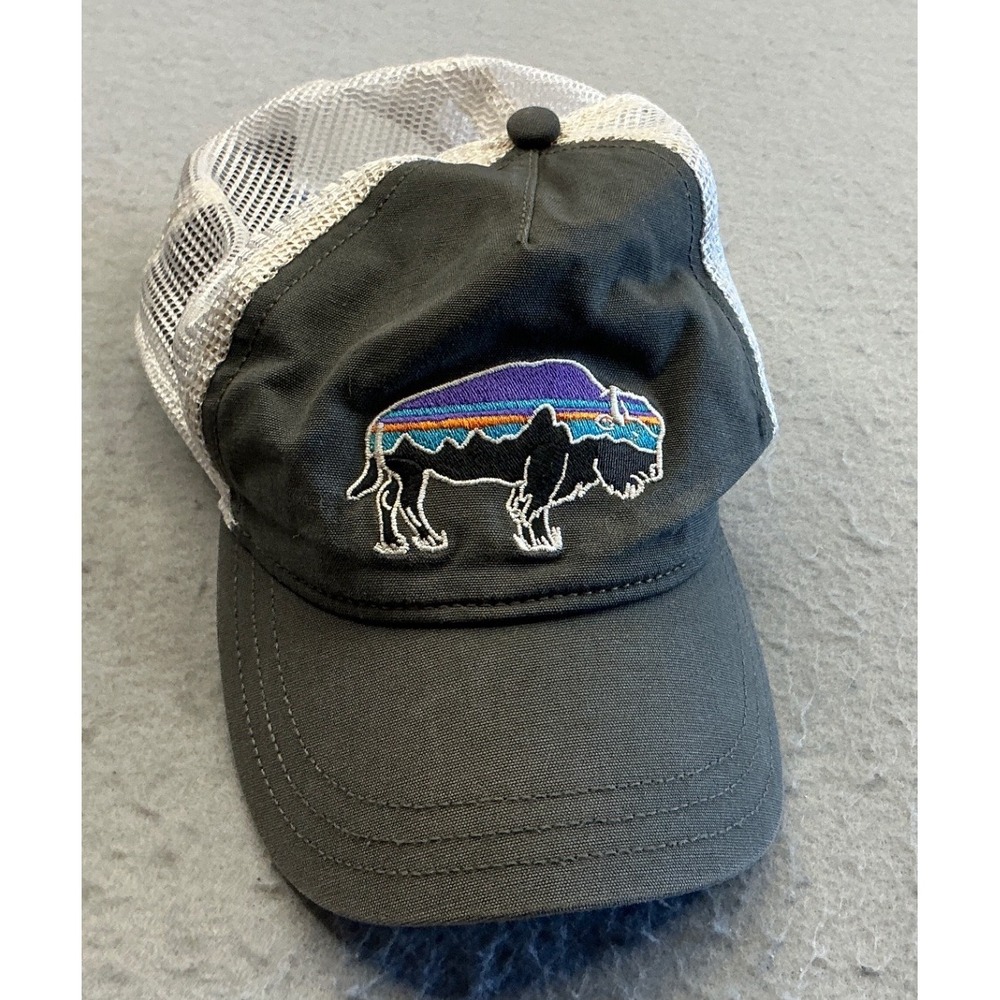 Patagonia Trucker Hat Bison Buffalo Patch Snapback Mesh Cap Grey OSFA